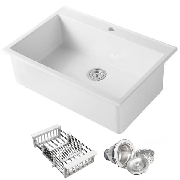 White Fireclay 33 in. Single Bowl Drop-in Mount Kitchen Sink with Basket Strainer