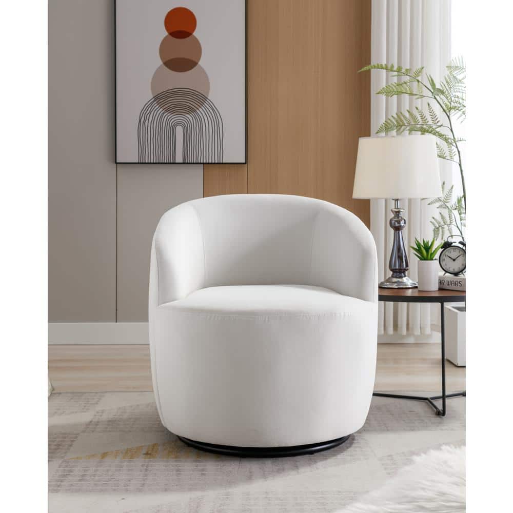White Velvet Swivel Accent Armchair with Black Powder Coating Metal Ring