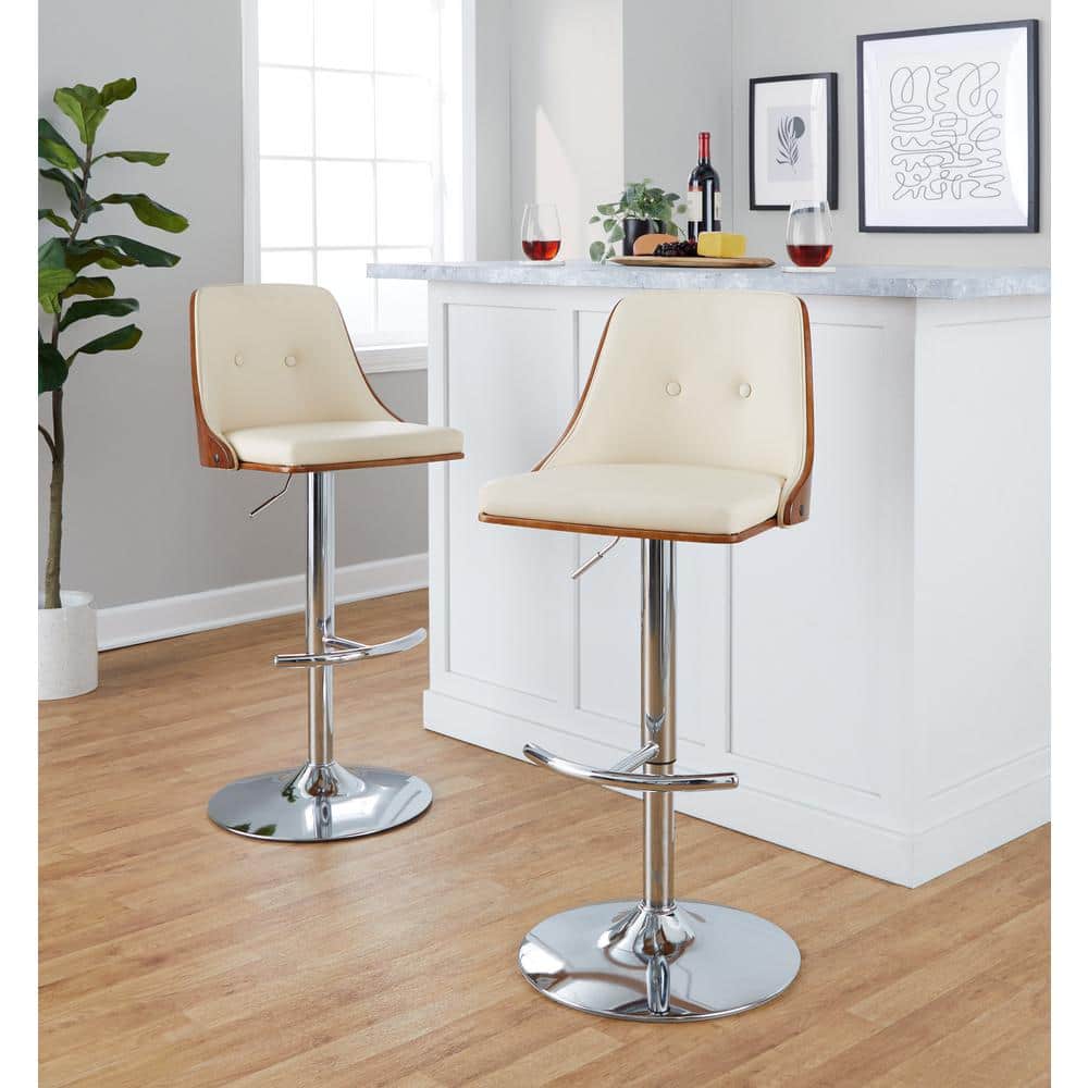 Set of 2 Adjustable Cream Faux Leather Walnut Barstools
