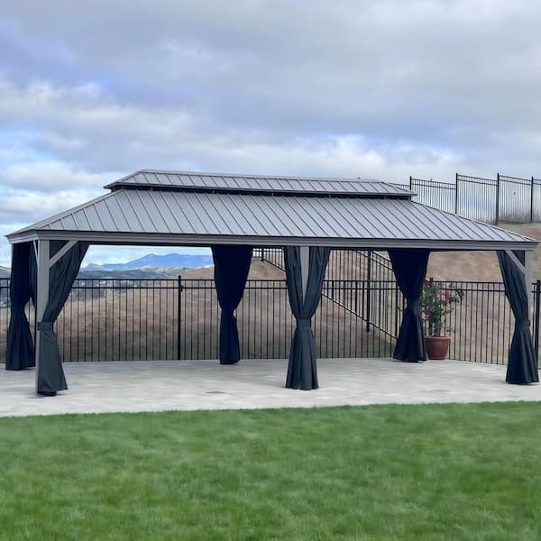 PURPLE LEAF 12 ft. x 24 ft. Light Gray Aluminum Power-Coated Frame Galvanized Steel Double Roof Hardtop Gazebo,Hooks Netting Curtain