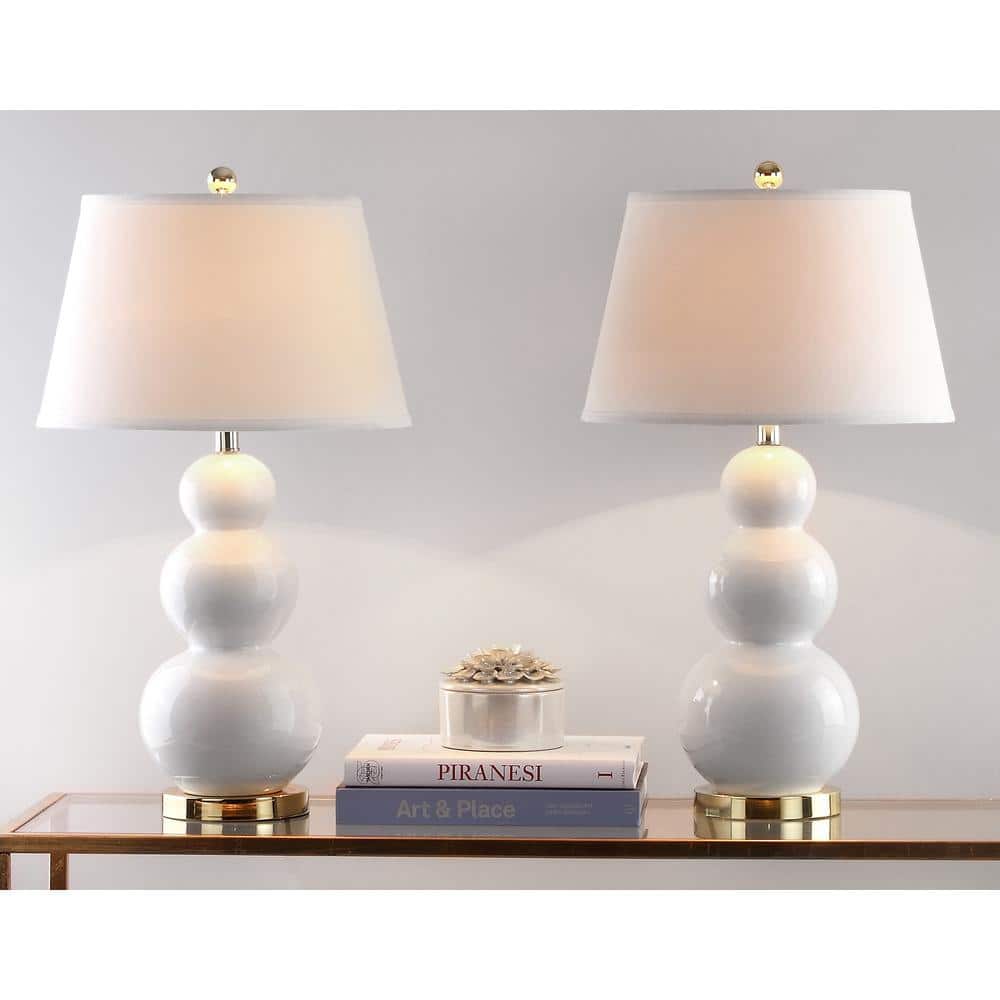 Elegant White Ceramic Gourd Table Lamp Set with Off-White Shade, 28"