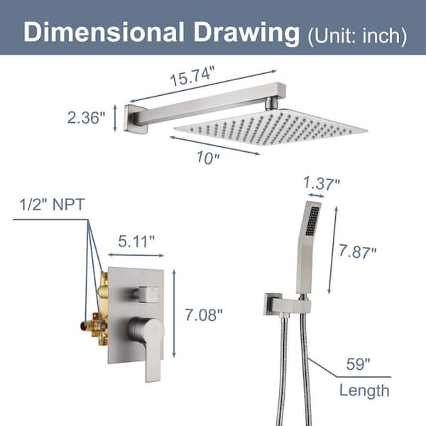 Miscool Rainfall 1-Handle 1-Spray 10 in. Square High Pressure Shower Faucet in Brushed Nickel (Valve Included)