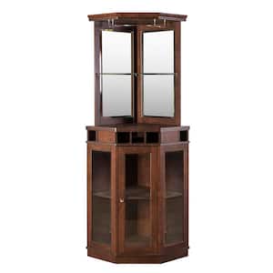 Home Source Mahogany Arms Corner Bar Unit with 2-Glass Shelves Built-In Wine Rack and Lower Glass Cabinet