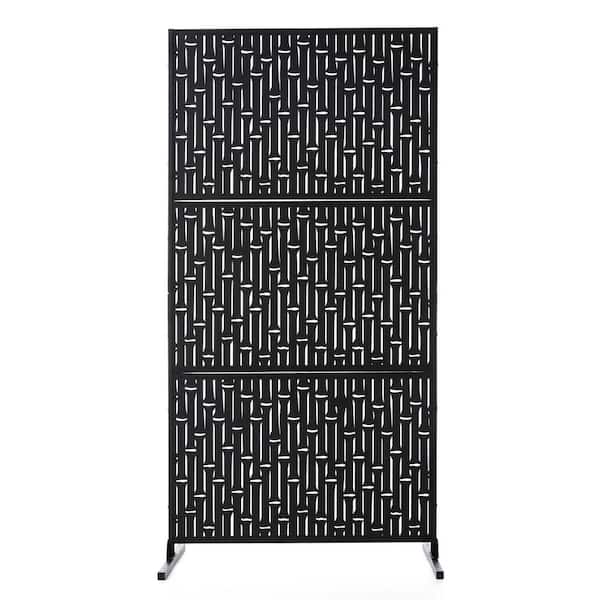 71.50 in. H Black Galvanized Steel Bamboo Pattern Privacy Screen Fence Panel Room Divider with Riser Feet
