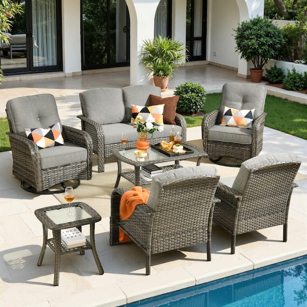 Lily A Gray 7-Piece Wicker Outdoor Patio Conversation Set with Swivel Rocking Chairs and Dark Gray Cushion