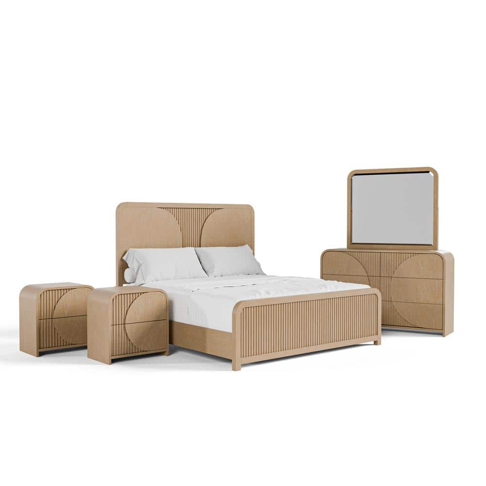 Natural Solid Wood Queen Bedroom Set with Geometric Details