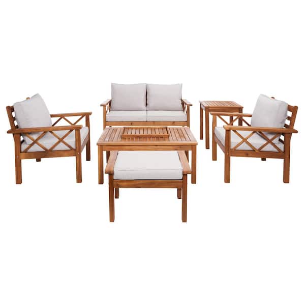 SAFAVIEH Loanna Natural 6-Piece Wood Patio Conversation Set with Light Gray Cushions