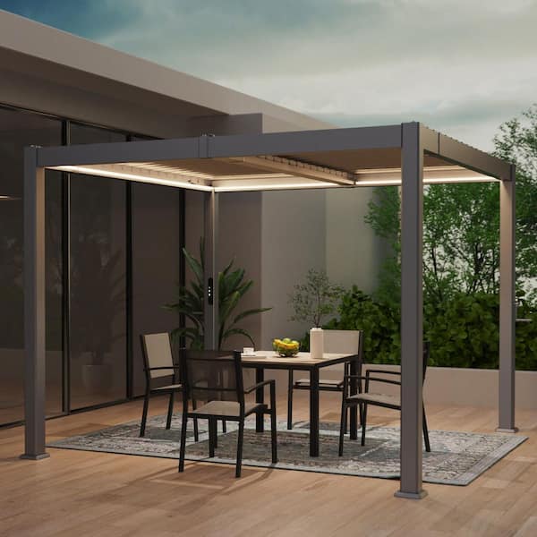 Sonkuki 10 ft. x 10 ft. All-Aluminum Louvered Pergola with Adjustable Roof, Detachable LED Control Panel, Gray