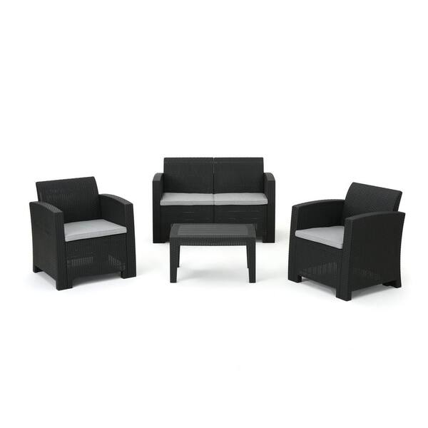 Unbranded 4-Piece Charcoal Faux Wicker Rattan Patio Conversation Set with Light Grey Cushions