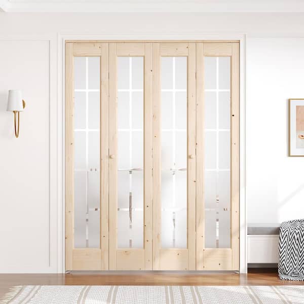 60 in. x 80 in. 3/4 Lite Frosted Glass Preassembled Solid Core Wood Spruce Bi-fold Door with Hardware