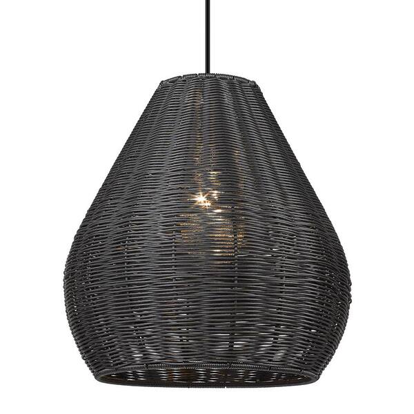Golden Lighting - Melany 18.125 in. 1-Light Natural Black and Matte Black Wicker Dimmable Outdoor Pendant Light