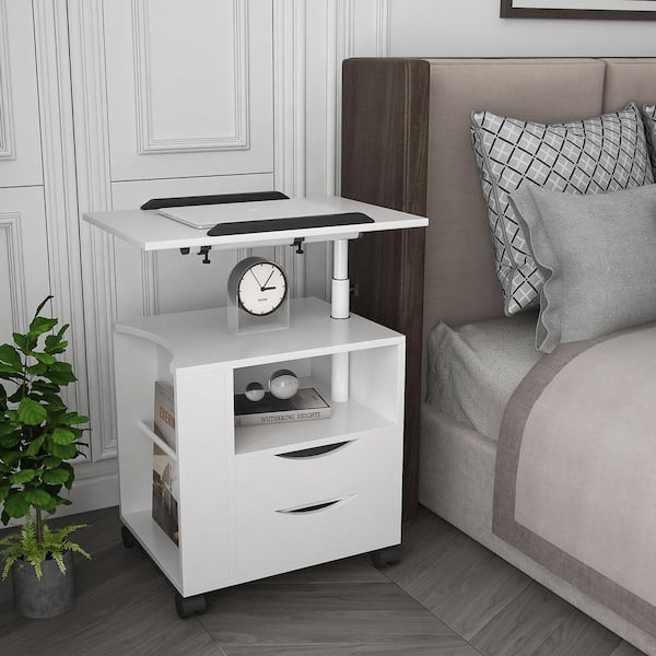 aisword White Height Adjustable Overbed End Table Wooden Nightstand with 2 Drawers 18.3 in. x 19.7 in. x 15.6 in.