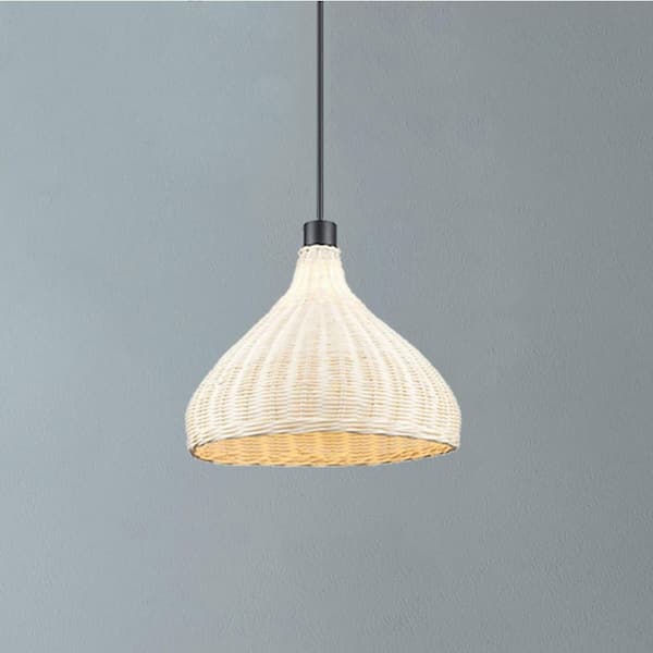 Bel Air Lighting 1-Light Black Pendant Light Fixture with Natural Woven Rattan Basket Shade