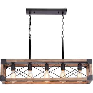 5-Light Retro Farmhouse Chandelier Pendant in Wood for Kitchen Island and Dining Room