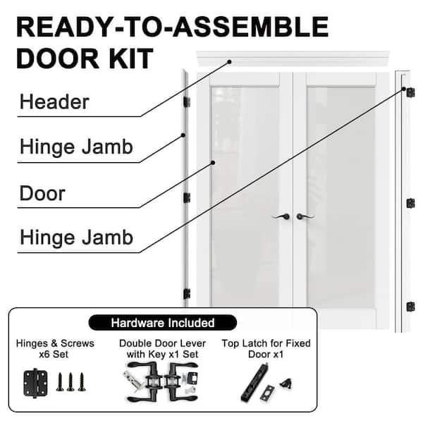 60 in. x 80 in. 1 Lite Frosted Glass Universal White Solid Core Wood Double Prehung French Door with Quick Assemble Jamb