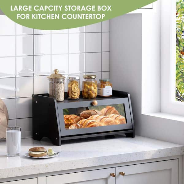 bread booster box Esepony Wooden Farmhouse with Window for Kitchen Countertop, Bread Container Storage and Bread Holder, Black (1-Pack) keeping them organized and maintaining their shape and taste Dual-Layer Bamboo Bread Box –