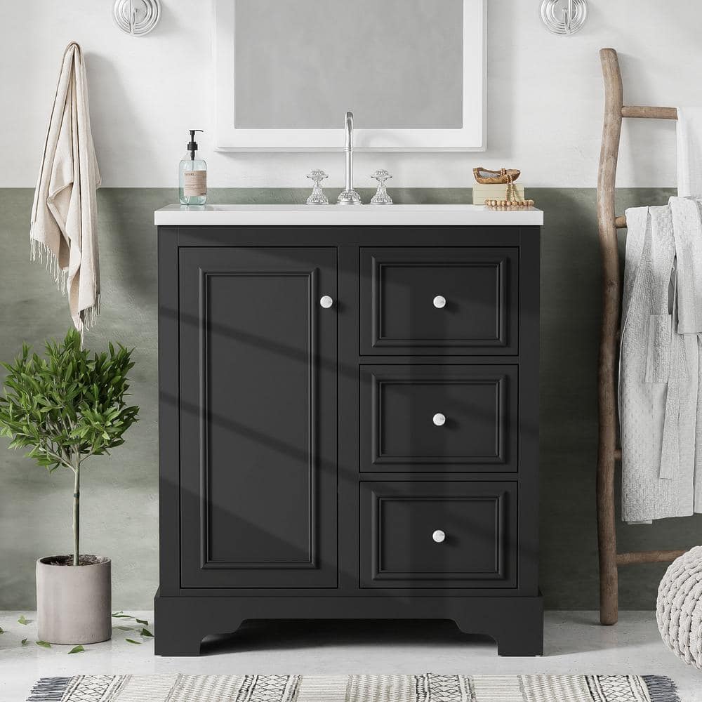 29.96 in. Single Sink Freestanding Black Bath Vanity with White Ceramic Top