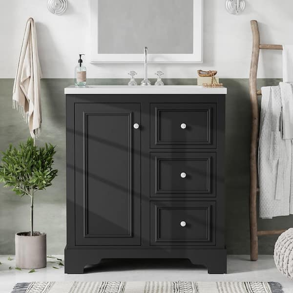EPOWP 29.96 in. Single Sink Freestanding Black Bath Vanity with White Ceramic Top and 3-Drawers Storage Cabinet Unassembled