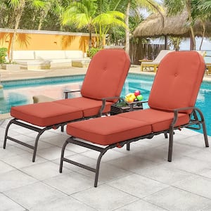 Tufted Adjustable Metal Outdoor Patio Lounge Chair with Orange Cushion (2-Pack)