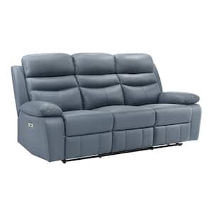 Edelia 86.5 in. W Pillow Top Arm Leather Rectangle Power Double Reclining Sofa in. Blue
