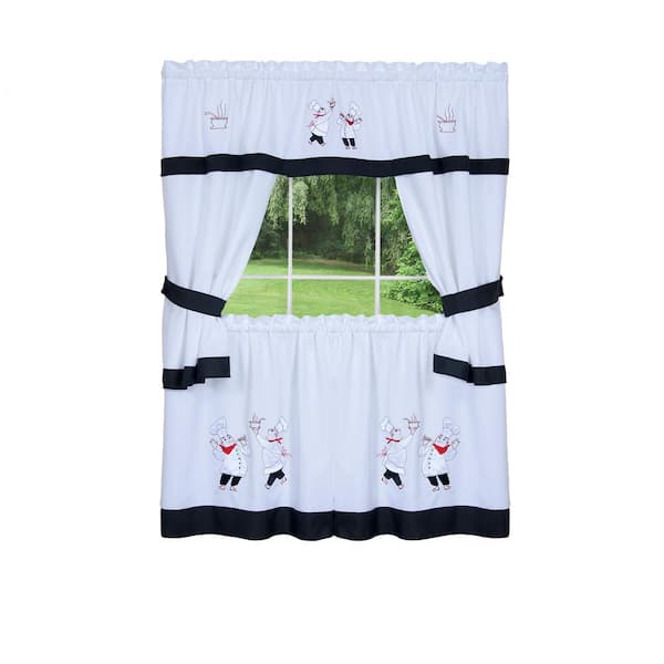 ACHIM Gourmet Black Polyester Light Filtering Rod Pocket Embellished Cottage Curtain Set 58 in. W x 24 in. L