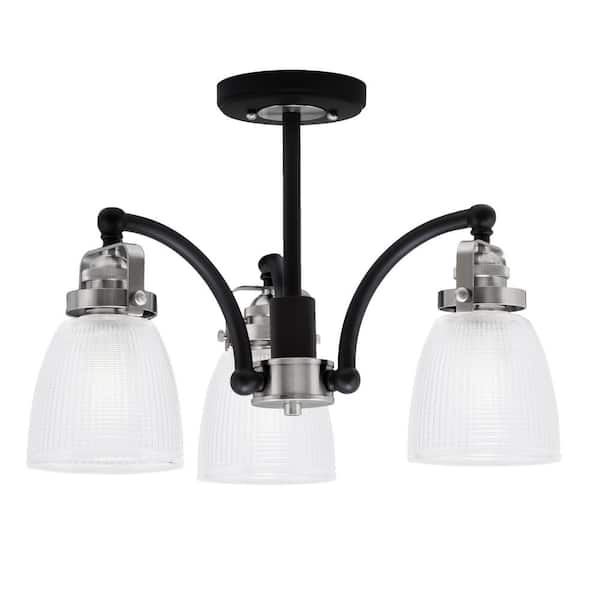 Unbranded Decatur 15.25 in. 3 Light Black and Nickel Semi-Flush with 5 in. Clear Ribbed Glass Shades No blulbs included