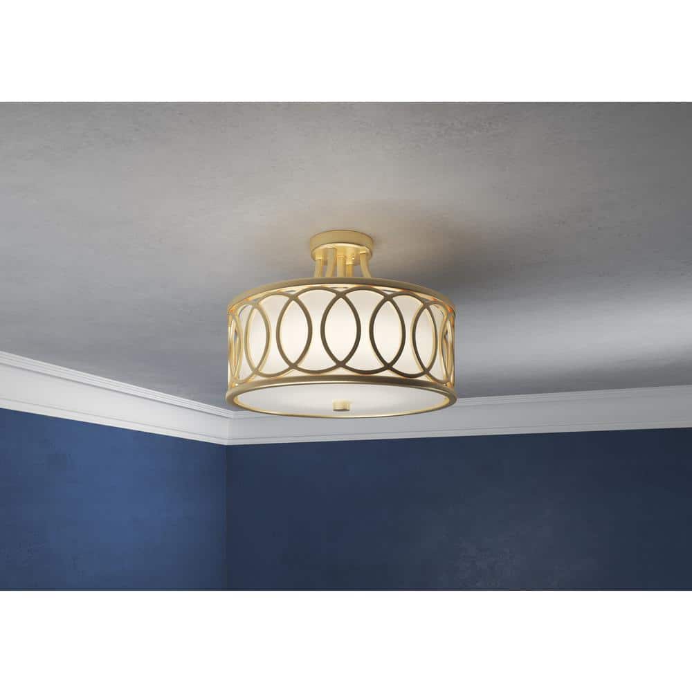 Libby Langdon Antique Gold Circular 3-Light Semi-Flush Mount with White Silk Shade