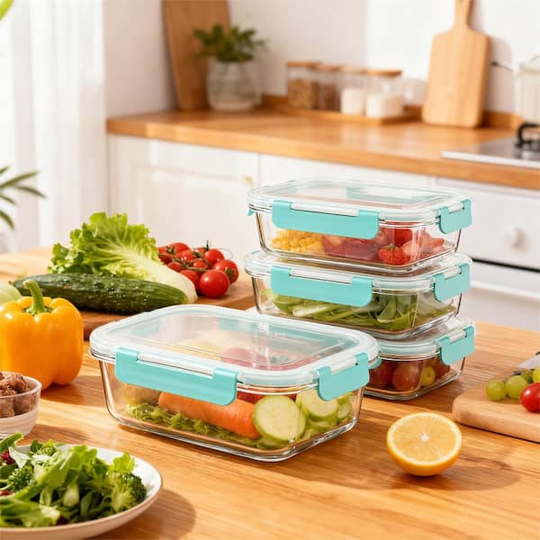10 Piece Borosilicate Glass Meal Prep Containers Set, 30oz Food Grade Airtight Snap Locking Lids, Bento Boxes, in Green