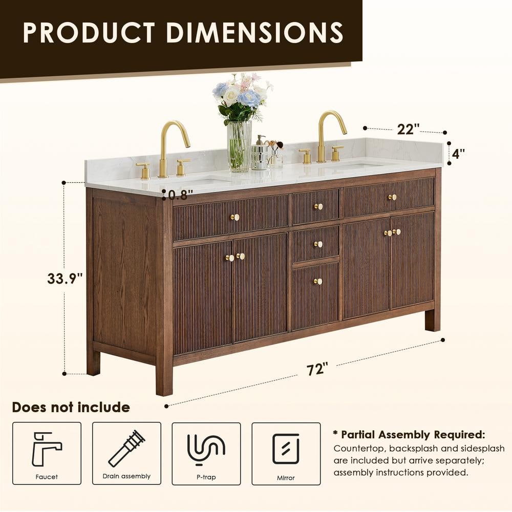 Cerrito 72" Brown Oak Double Sink Vanity with White Stone Top