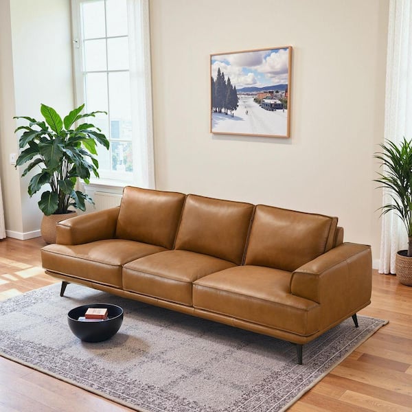 Akron 98 in. Square Arm Genuine Leather Rectangle Modern Sofa in. Tan