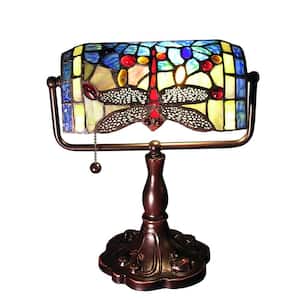 Warehouse of Tiffany Stella 12 in. Bronze Indoor Desk Lamp with Blue Dragonfly Accent Shade