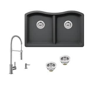 All-in-One Undermount Quartz Composite 33 in. 50/50 Double Bowl Kitchen Sink in Gray with Faucet in Brushed Nickel