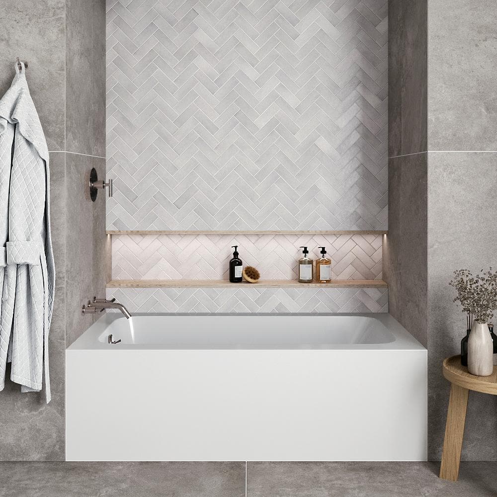 Glossy White Acrylic Rectangular Alcove Bathtub with Brushed Nickel Drain