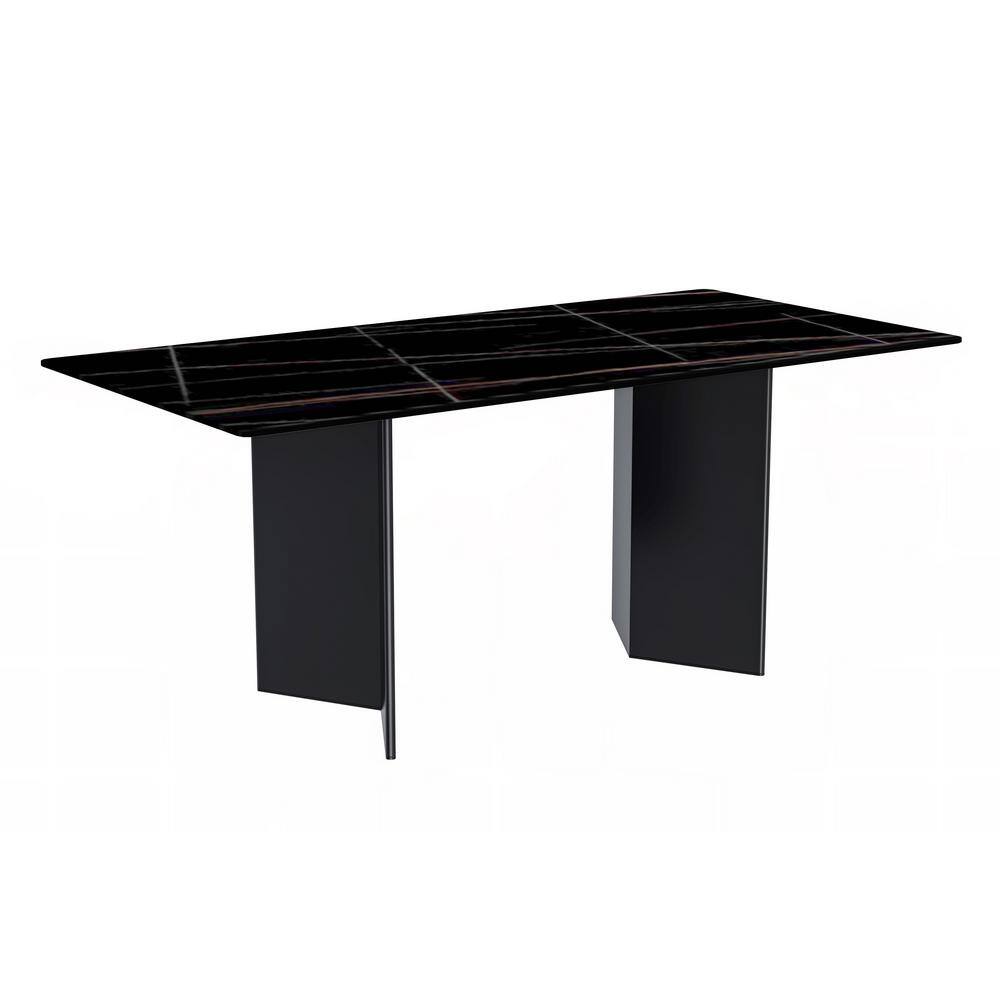 Rectangular Black Glass Dining Table with Stainless Steel Base