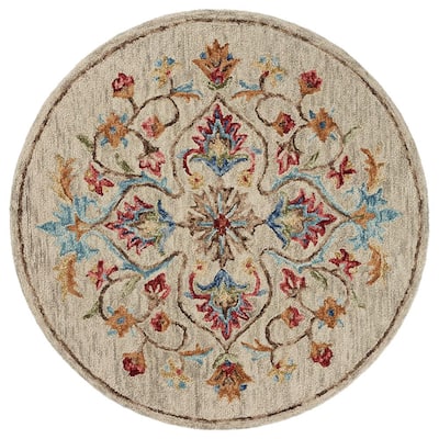 Trailing Beige 6 ft. x 6 ft. Floral Oasis Round Area Rug
