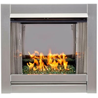 Vent-Free Stainless Outdoor Gas Fireplace Insert With Emerald Green Fire Glass Media - 24,000 BTU