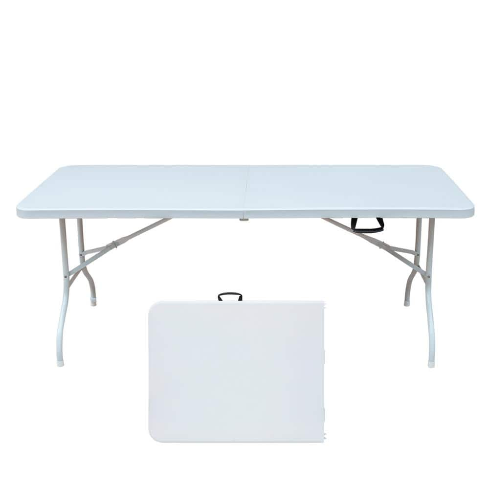  71 in. White Rectangle Stainless Steel Picnic Table 6ft Folding Table Portable Dining Table Fold-in-Half for Camp Party