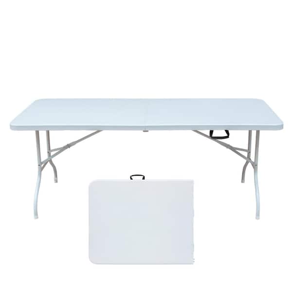 Unbranded 71 in. White Rectangle Stainless Steel Picnic Table 6ft Folding Table Portable Dining Table Fold-in-Half for Camp Party