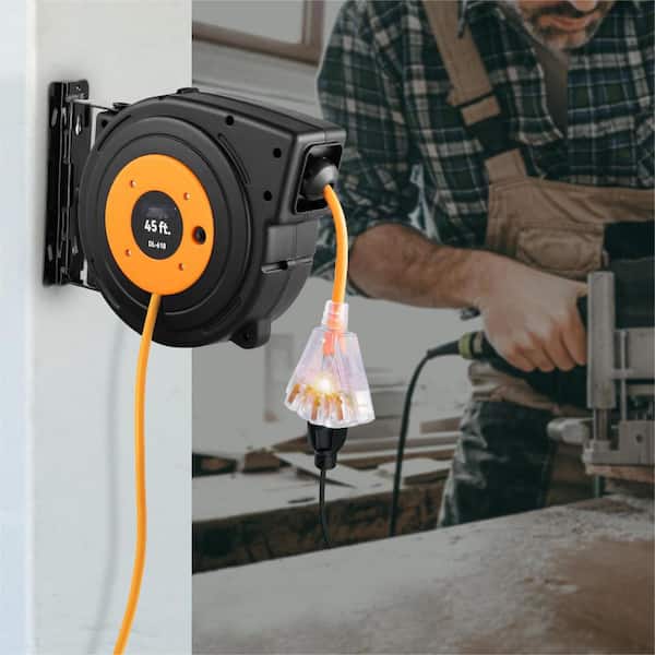45 ft. Heavy-Duty 12AWG/3C 15 Amp Retractable Extension Cord Reel SJTOW Power Cord with Lighted Triple Tap Outlet