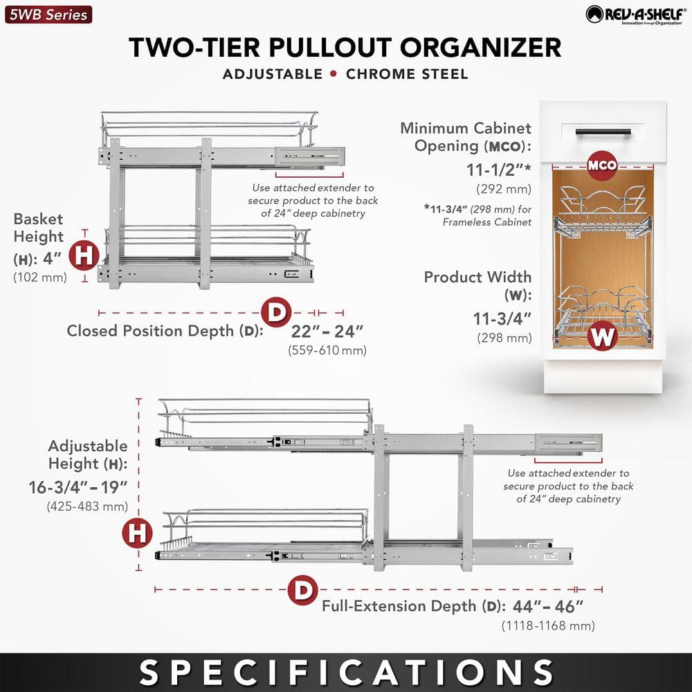 Chrome 2-Tier Wire Basket Pull-Out Shelf Organizer, 12 x 22 Inch