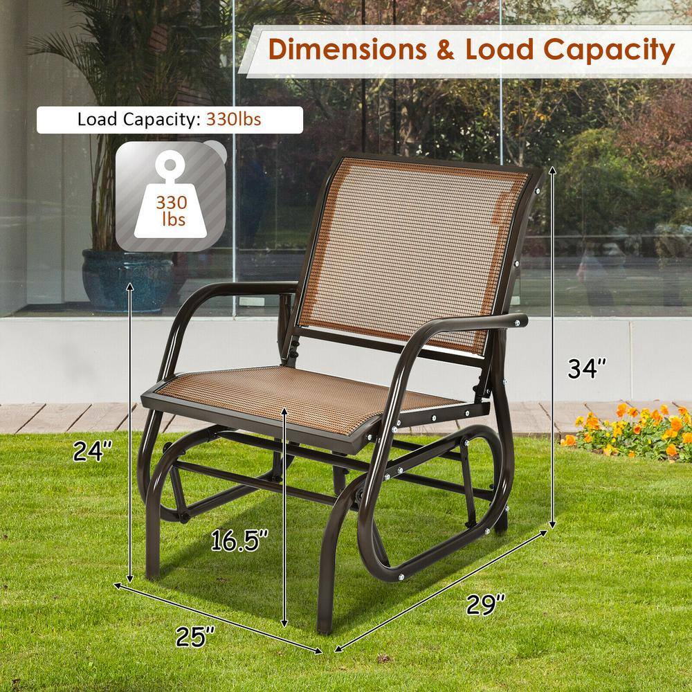 Measurement diagram of the brown metal outdoor glider chair.