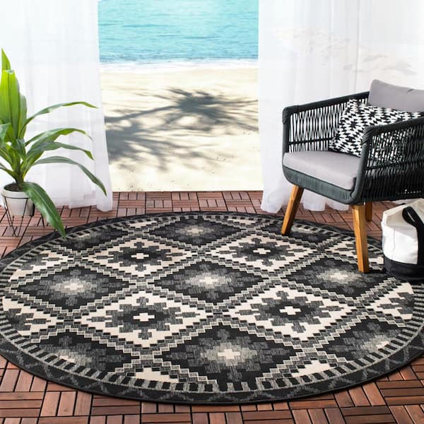 Veranda Black/Beige 8 ft. x 8 ft. Southwestern Tribal Indoor/Outdoor Patio  Round Area Rug