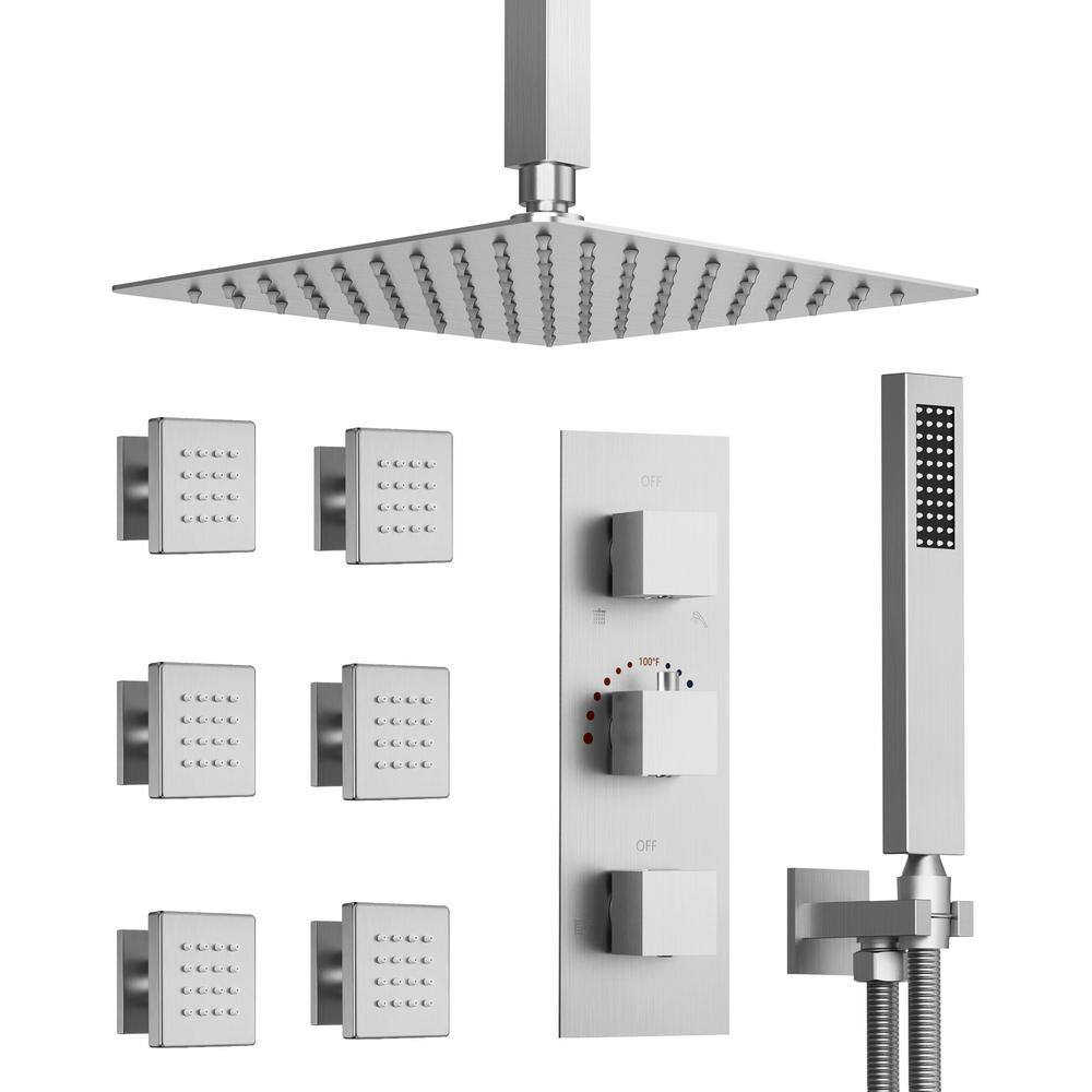 GRANDJOY Anti Scald Shower Trims and Valve 5Spray Ceiling Mount 12 in. Fixed and Handheld