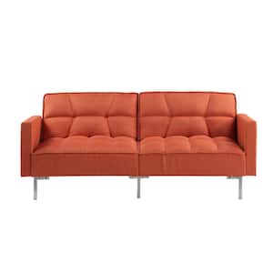 74.75" Orange Linen Upholstered Sleeper Sofa, Living Room Love Seat Sofa With Adjustable Back Folding Twin Size Sofa Bed