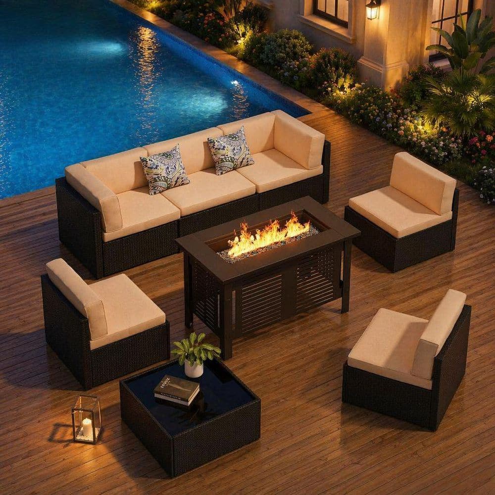 8-Piece Black Wicker Outdoor Conversation Set with 43 in. Wood Burning Fire Pit Table and Beige Cushion price history on PriceWatchPro