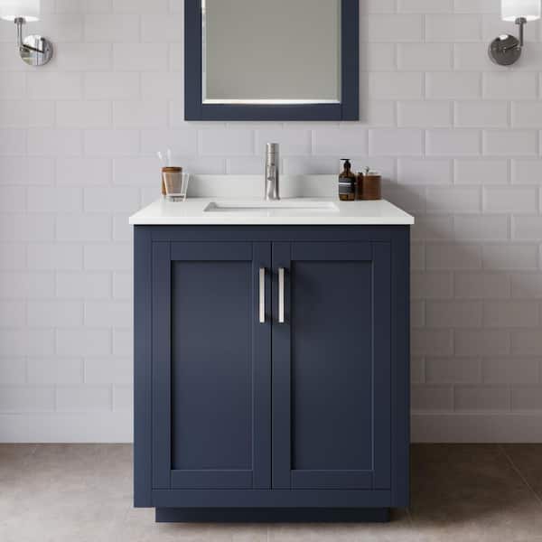 Wyndham Collection Miranda 30 in. W x 22 in. D x 33.75 in. H Single Bath Vanity in Dark Blue with White Quartz Top and 24 in. Mirror