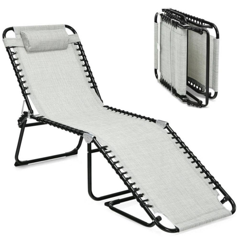 Clihome Folding Adjustable Heightening Design Outdoor Beach Lounge Chair with Gray Pillow, 4-Level Backrest and 2-Level Pedal