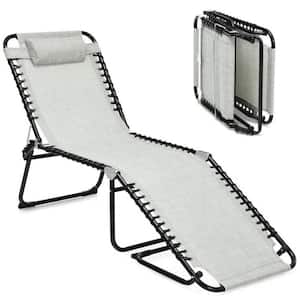 Folding Adjustable Heightening Design Outdoor Beach Lounge Chair with Gray Pillow, 4-Level Backrest and 2-Level Pedal
