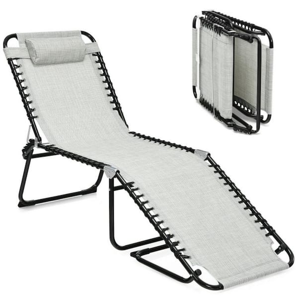 Folding Adjustable Heightening Design Outdoor Beach Lounge Chair with Gray Pillow, 4-Level Backrest and 2-Level Pedal