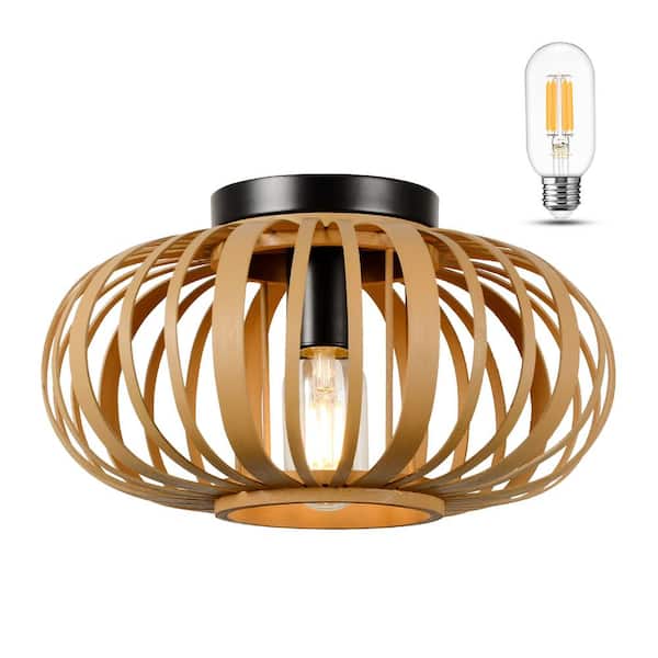 Tatahance 11.8 in. 1-Light Brown Bamboo LED Flush Mount Light with Dimmable LED Bulb